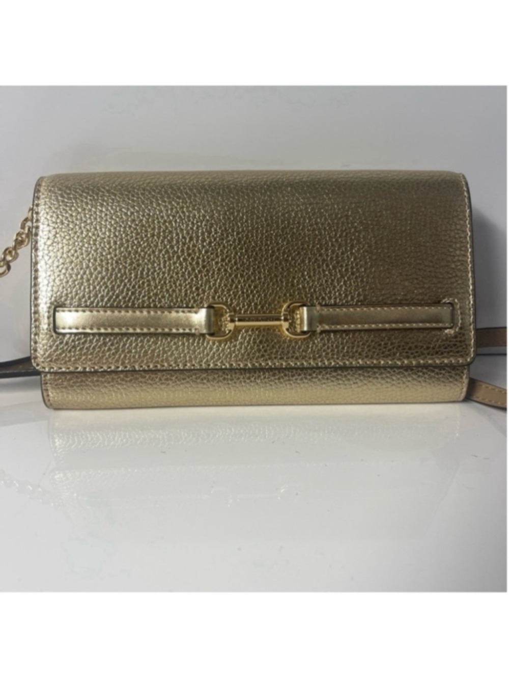 Michael Kors Carson Pebble Leather Wallet On A Chain Crossbody Gold - Picture 6 of 6